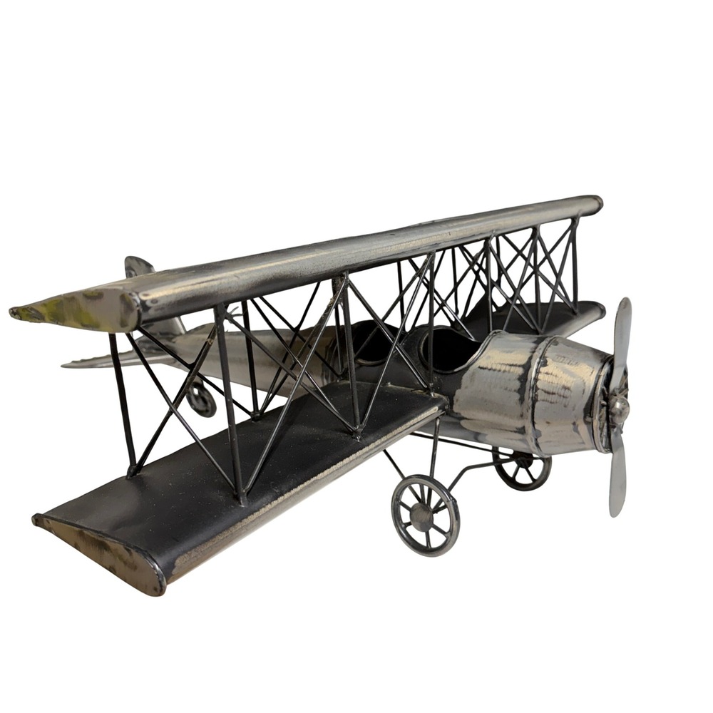 Vtg Style Metal Biplane Model Propeller Plane Industrial Decor Silver Black 19in